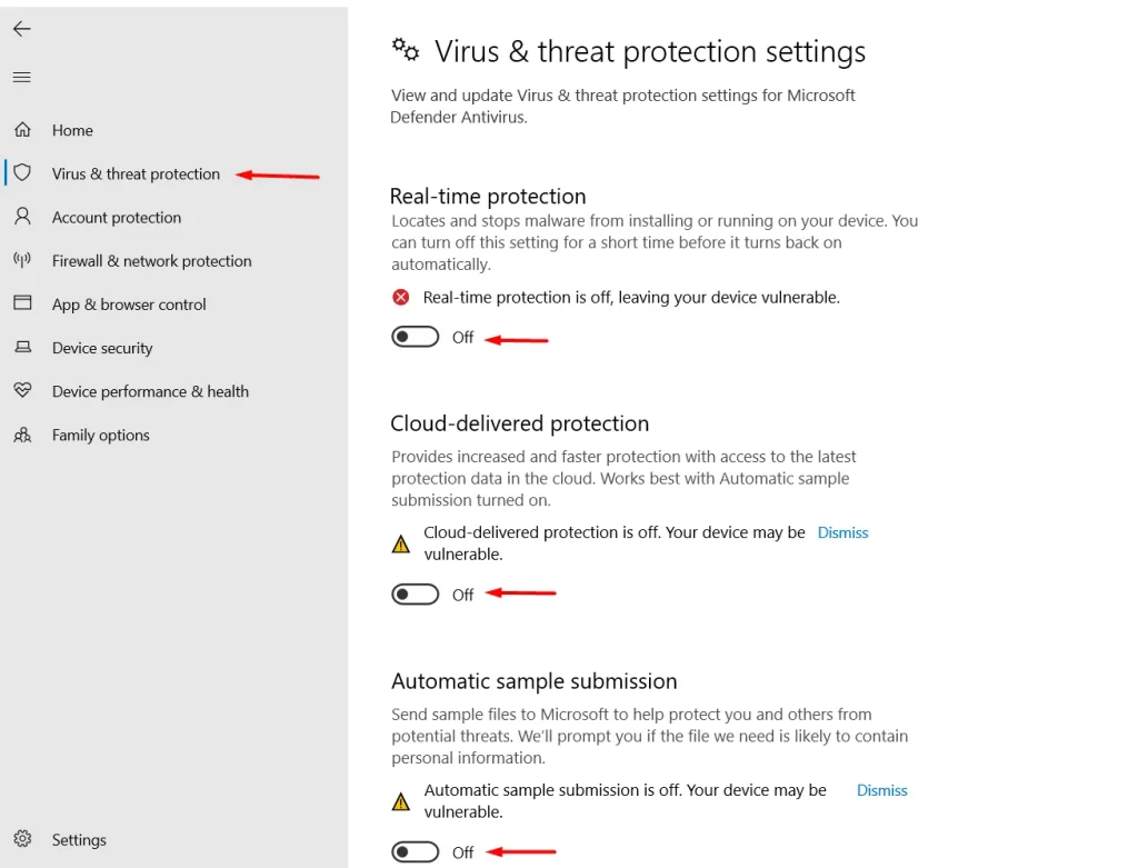 Steps to turn off real-time protection in Windows Defender