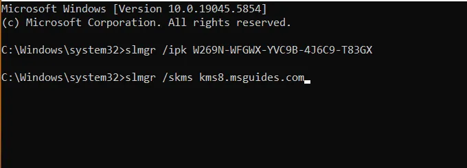 Using Command Prompt for Activation entering slmgr /skms command