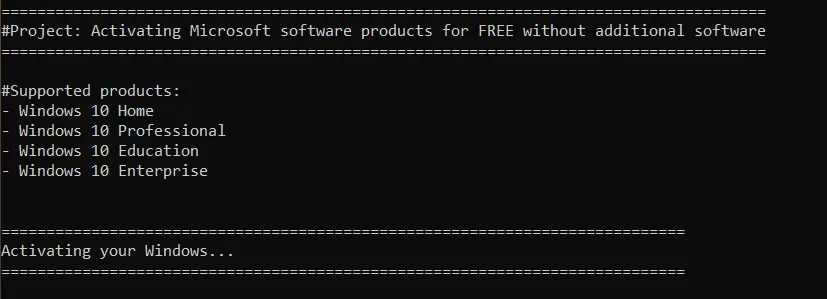Wait for the process to finish message in Windows 10 Activator TXT